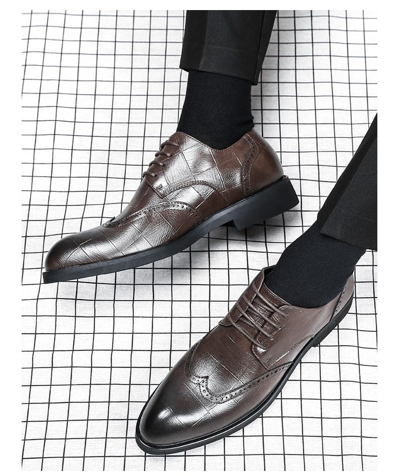 Formal Shoes for Men Lace Up Pointed Burnished Toe Wingtips Vegan Leather Derby Shoes Block Heel Low Top Rubber Sole Non Slip Party3
