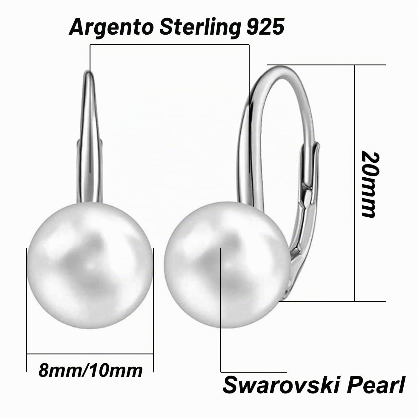 Orecchini Perle, Orecchini Perle Pendenti Argento Sterling 925 Placcato Oro Bianco 18 Carati, Anallergici Orecchini Perle Nere/Orecchini Perle Bianco 8mm-10mm Gioielleria Raffinata Donna