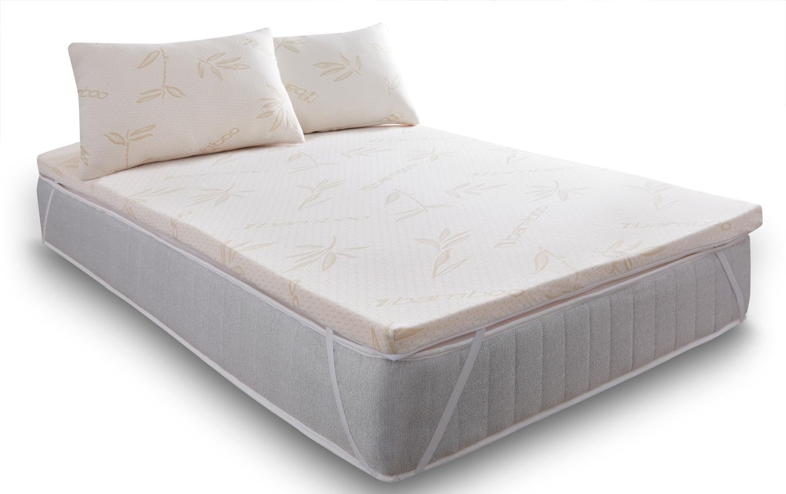 Sleepur-pedic Mattress Topper for Double Bed, 4ft6 Memory Foam Mattress Topper with Hypoallergenic Bamboo Removable & Washable Zip Cover with Easy Corner Straps (135 x 190 x 3cm)