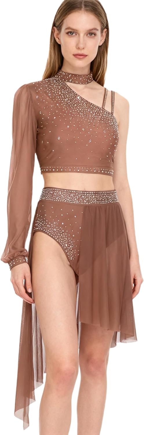 XUNZOO Lyrical Dance Costume for Womens Sparkly Single Seelve Crop Tops with Modern Contemporary Dancewear 2Pcs Outfit