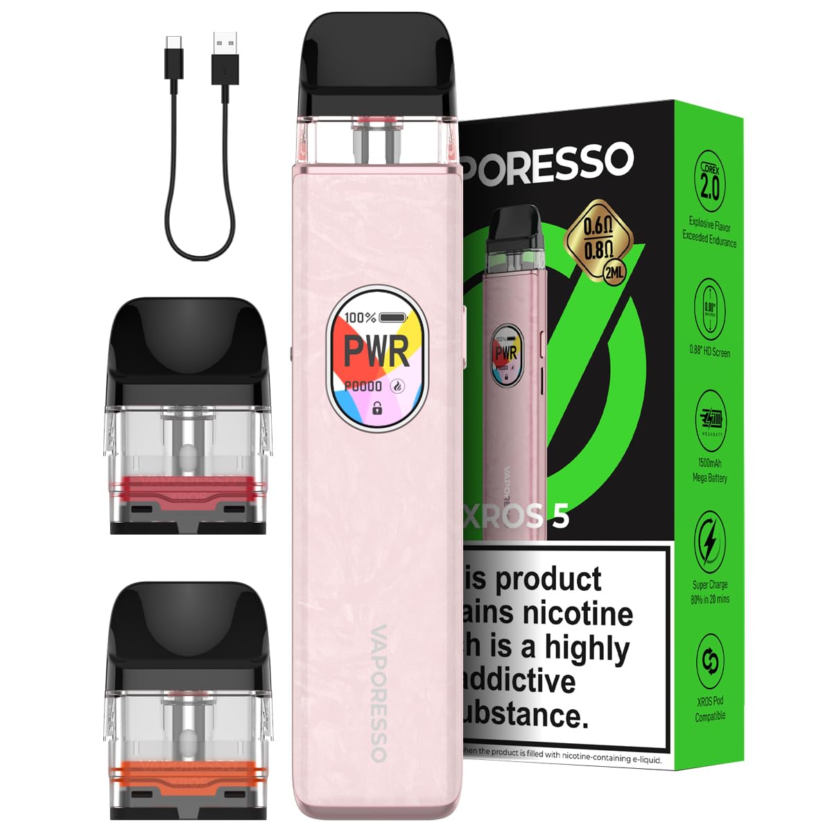 Vaporesso XROS 5 Vape Pod Kit [Opal Pink] – 1500mAh Battery, Fast Charge in  15 Min (3A), Anti-Leak Tech, 0.88” Display – 2 COREX 3.0 Pods (0.6Ω + 0.8Ω)  – Refillable – 10 Colours: Amazon.co.uk: Electronics & Photo