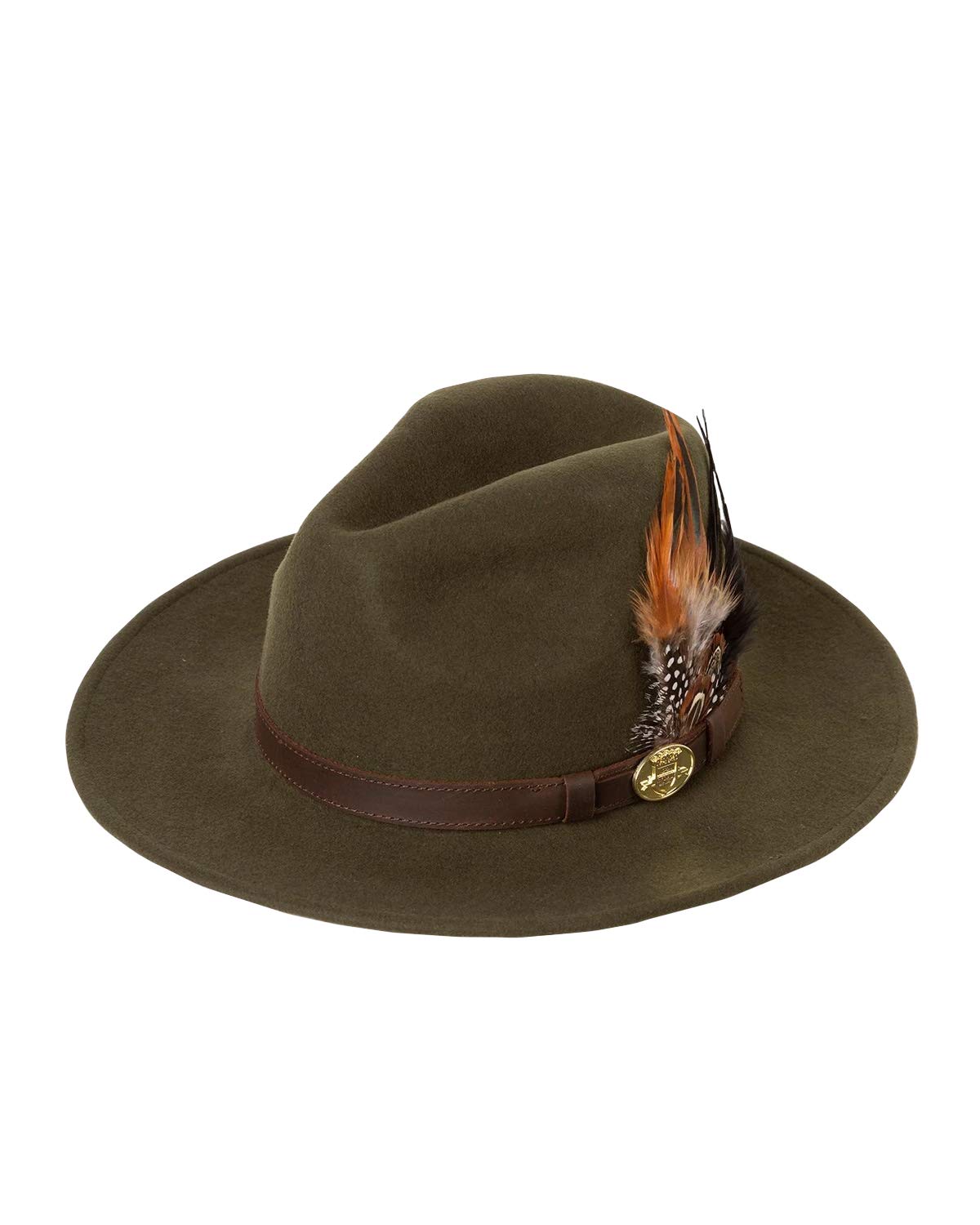 Rydale Unisex Olive Fedora Mens & Womens Wool Felt Hat With Suede Band And Feather Decoration (, Small)