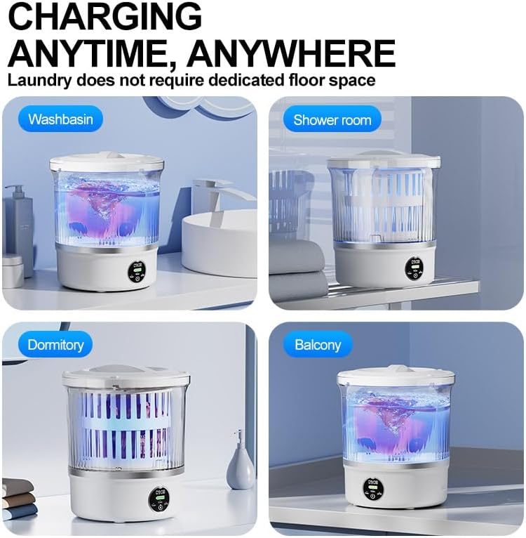 Miniatura 5 de Portable Washing Machine with 16000 RPM Spin Dry & Drain Hose, 3L Mini Washer with Blue Light Cleaning, Rechargeable Underwear Washer for Socks, LED