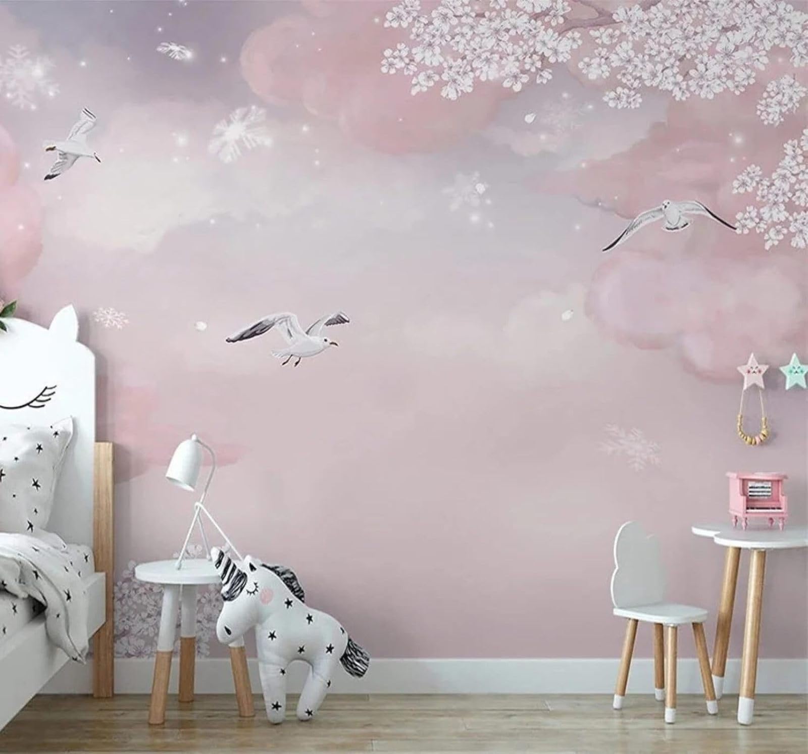 XLMING Dreamlike Pink Clouds Romantic Cherry Blossoms 3D Wallpaper Premium Textured Silk Study Dining Living Room Bedroom Sofa TV Wall Easy Install-400cm×280cm