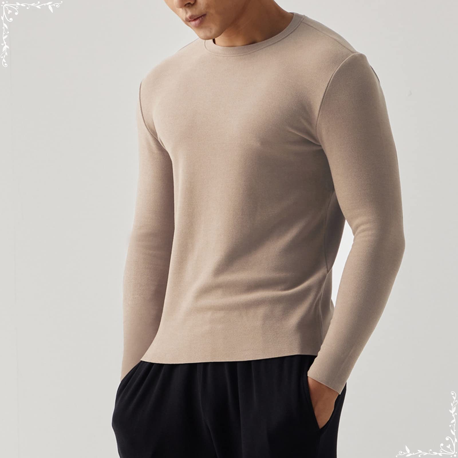 Dsnyu Thermal Wear for Men Top, Regenerated Fiber Round Collar Inner Thermal Wear Top, Apricot Long Sleeve Top 2XL