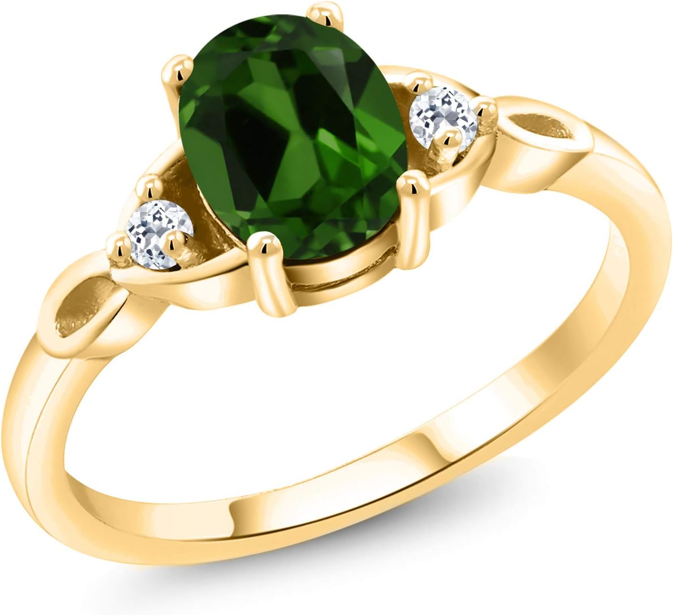 18K Yellow Gold Plated Silver Gemstone Birthstone and White Topaz 3-Stone Ring for Women | Oval 8X6MM with 2MM Round Accents | Three Stone Wedding Anniversary Engagement Promise Ring | Sizes 5-9