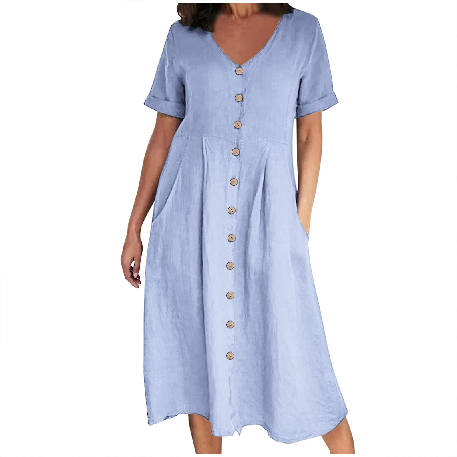 AMhomely Summer Dress Women UK-Button Down Shirt Dress,Plus Size Cotton Linen Dresses with Pocket,V Neck,Short Sleeve,Bohemian Beach Sundress,Office Work,Holiday Vacation B Light Blue XL