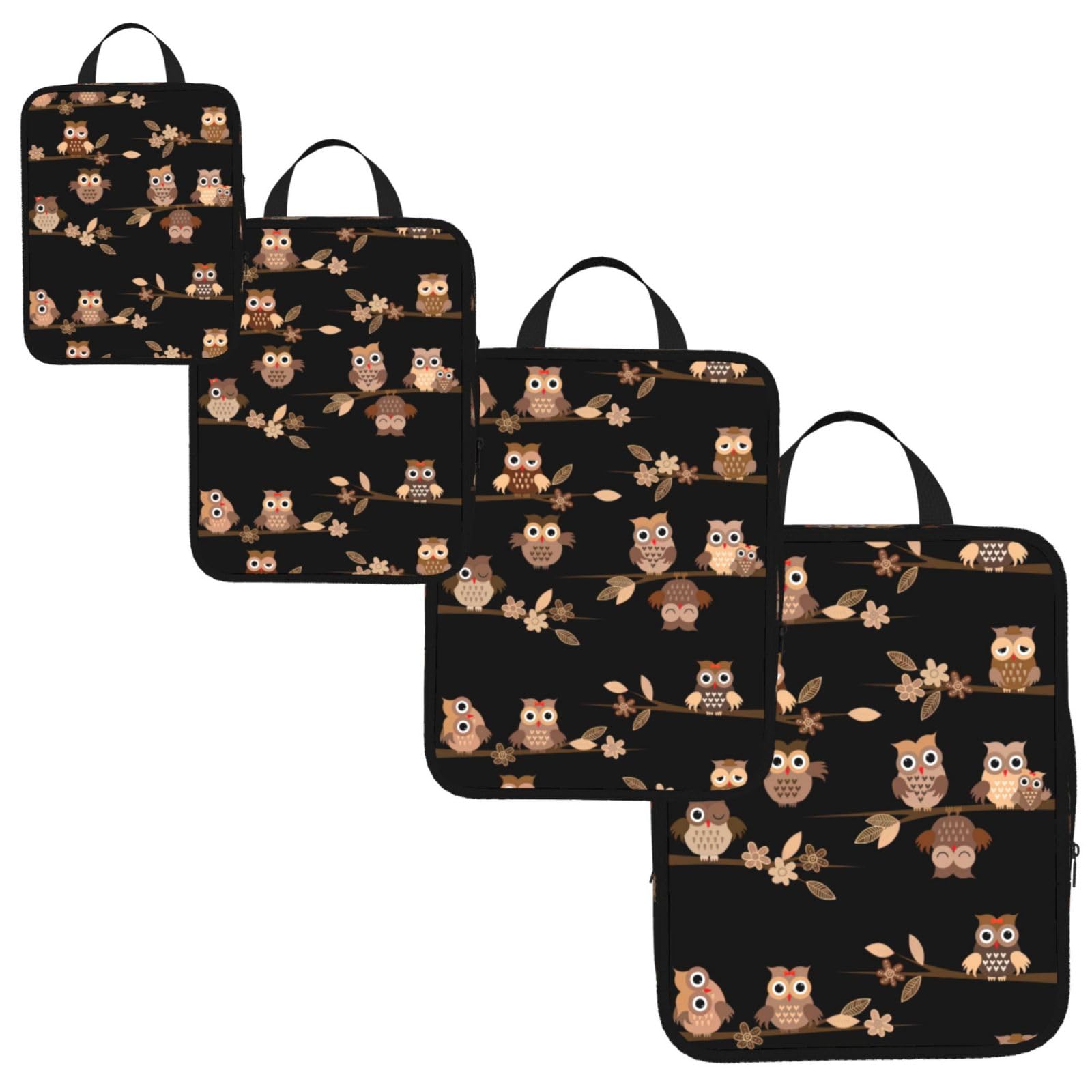 Cute Brown Cartoon Owls Print 4 Set Compression Packing Cubes for Suitcases,Expandable Storage Bag Organizers