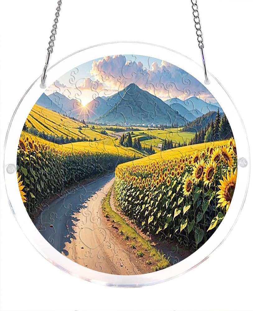 Sunflower Field Mountain Landscape Acrylic Jigsaw Puzzles Suncatcher, 7.4 Inch Window Hanging Suncatcher Acrylic Puzzle, DIY Home Decor Art Gift