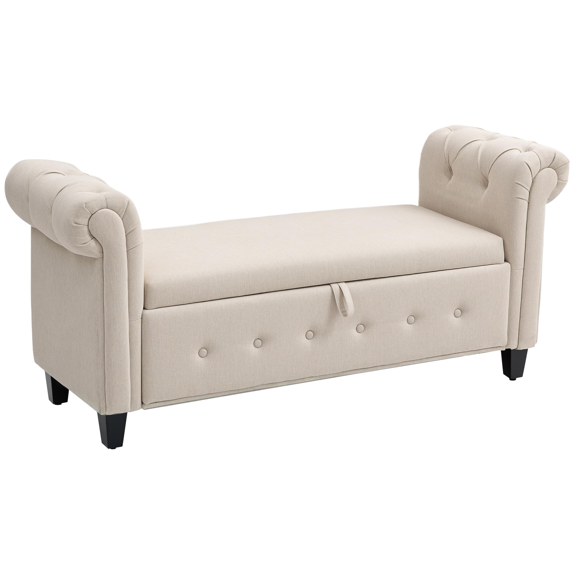 HOMCOM Banco de Almacenamiento Taburete de Almacenaje de Lino con Tapa de Bisagras Patas de Madera y Reposabrazos Enrollados para Dormitorio Salón Pasillo Carga 150 kg 146,5x49x74,5 cm Beige
