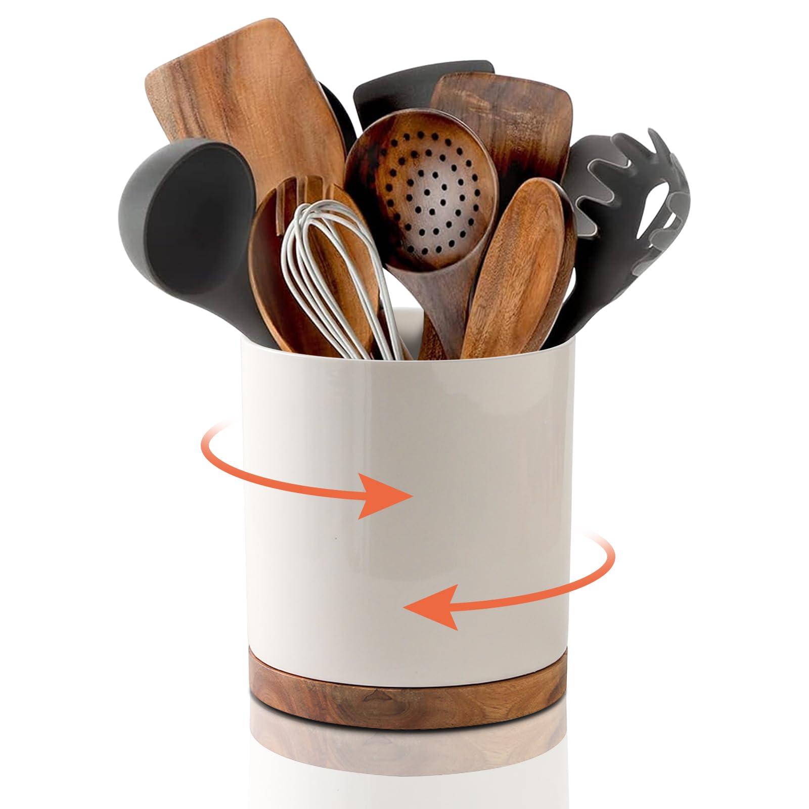Rangement Ustensiles Cuisine en Céramique PORFOYO avec Socle Rotatif Premium en Bois