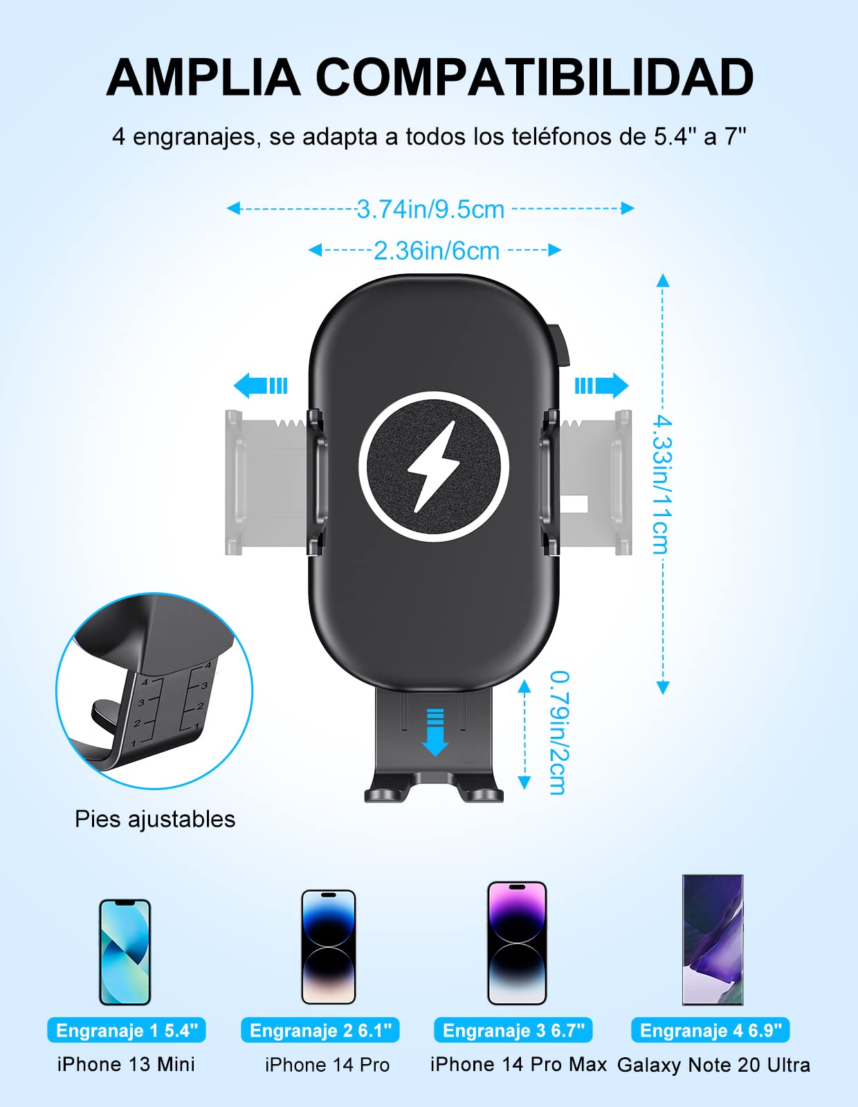 Mohard 15W Qi Cargador Inalámbrico Coche con Adaptador Cargador, Soporte Móvil Coche Carga Rápida, Rotación de 360° Sujeta Movil Coche Compatible con iPhone 16 Pro Max/15/14/13, Galaxy S25 Ultra/S23