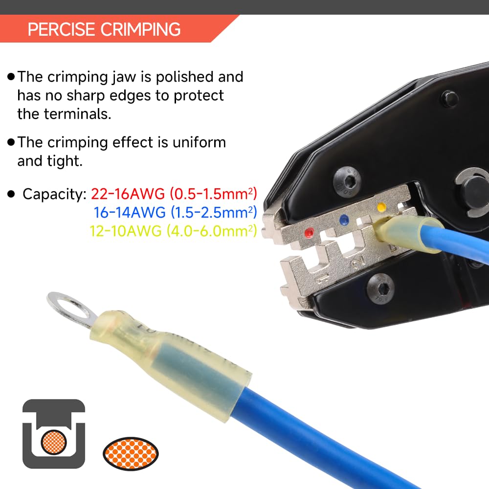 HKS Herramienta de prensado para conectores termorretráctiles, 180 piezas de grado marino conectores termorretráctiles de cobre rojo estañado AWG 22-10