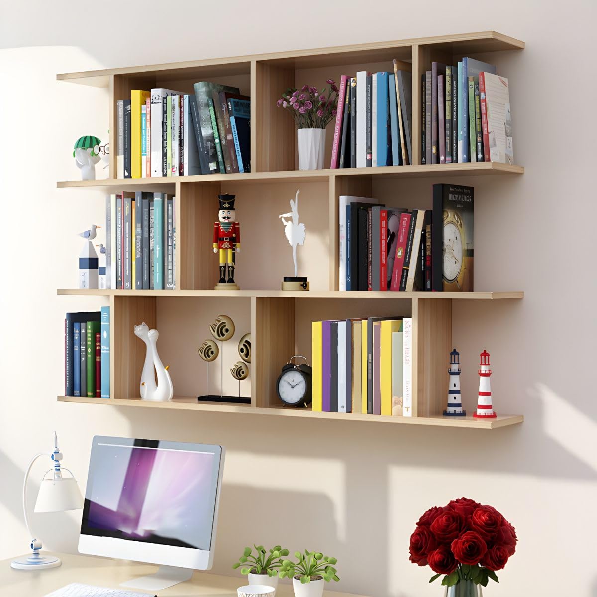 YUANCHUTOP Wall Mounted Bookcase - Engineered Wood Open Bookshelf, Hanging Wall Locker Shelf, Light Wood Lattice Wine Rack, Bedroom Wall Cabinet Storage Solution
