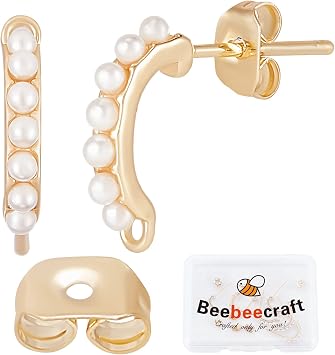 Beebeecraft 10Pcs/Box Pearl Earring Findings 18K Gold Plated Brass Rectangle Earring with 925 Sterling Silver Pins and 10Pcs Buterfly Ear Backs for DIY Earring Jewelry Making, 0.55in