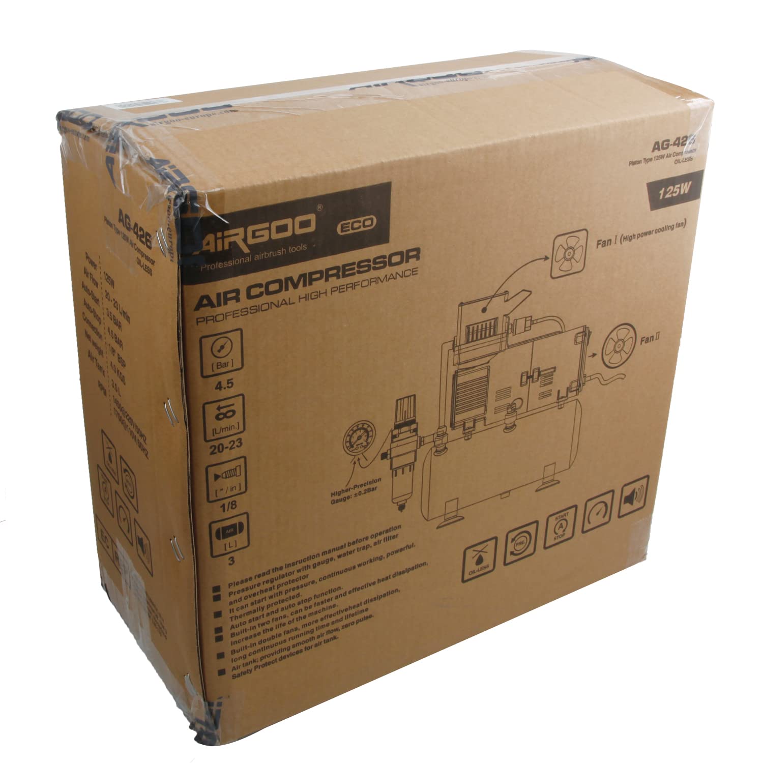 Compresor de aerógrafo de lujo Airgoo AG-426 con ventilador de refrigeración Super Power y tanque de aire para pulverización con aerógrafo