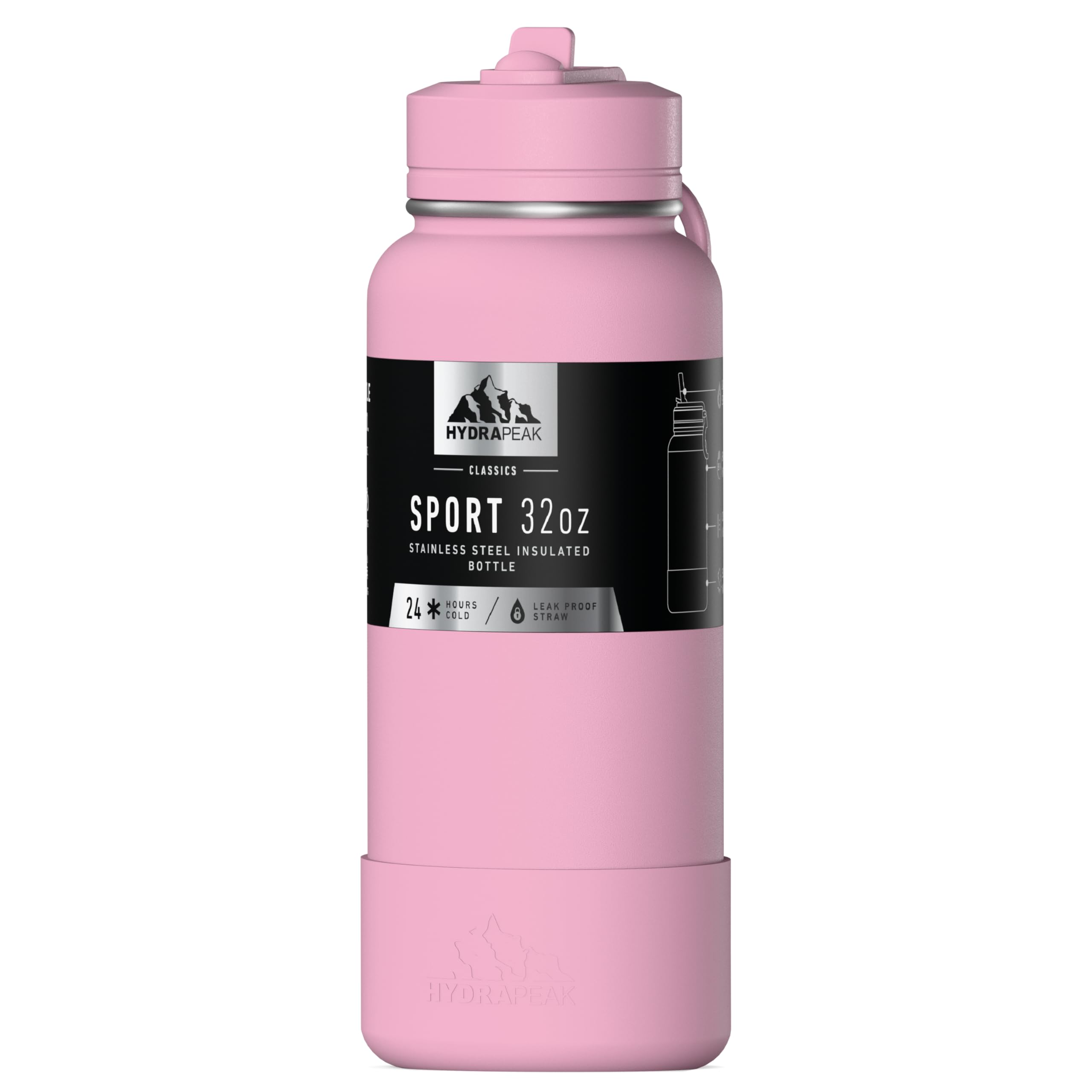 Hydrapeak 32oz Sport Insulated Water Bottle with Straw or Chug Lid, Leak & Spill Proof, Keeps Drinks Cold for 24 Hours, Hot for 12 Hours, Premium Stainless Steel Water Bottles (32oz, Pink)