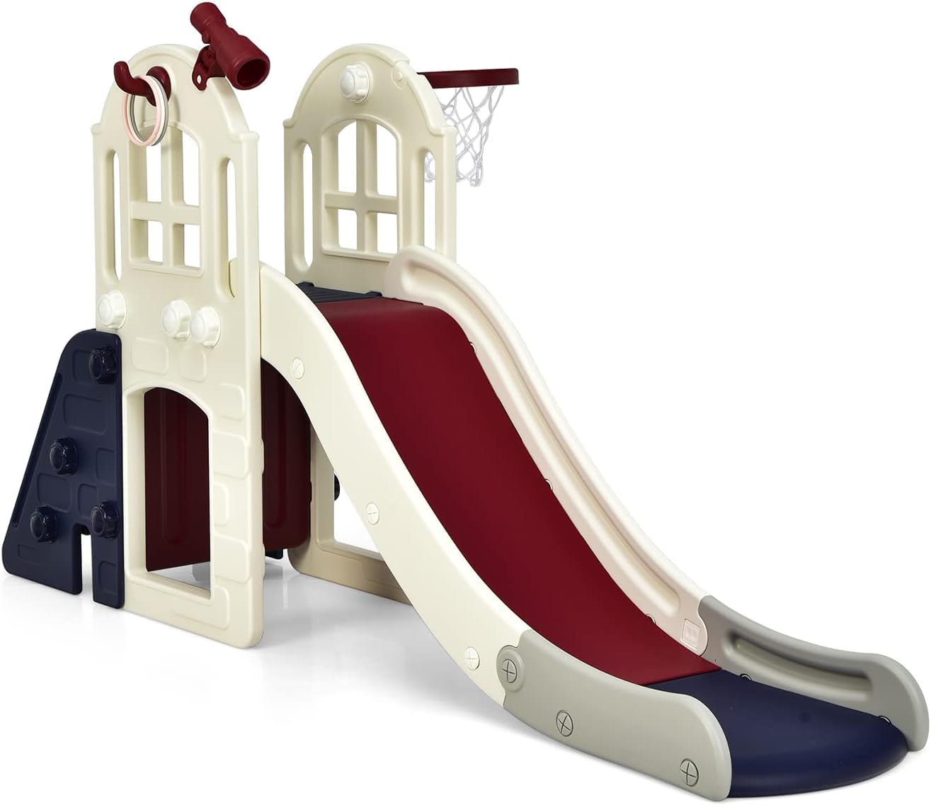 RELAX4LIFE 6 en 1 Tobogán Infantil con Escalador, Canasta de Baloncesto, Lanzamiento del Anillo, Túnel y Telescópico Decorativo, Toboganes Infantiles Exterior de HDPE para Niños 3-8 Años (Azul)