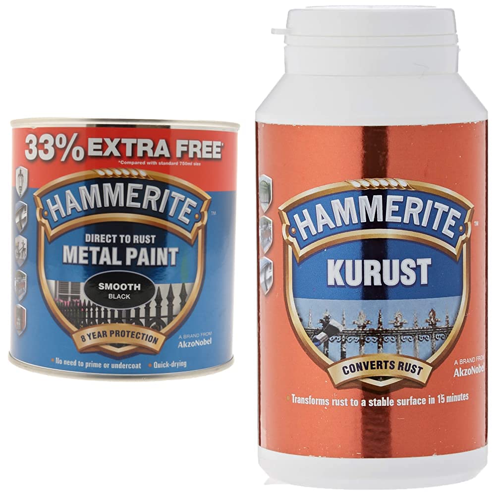 Hammerite 5158235 Metal Paint, Smooth Black, 1L & 5092820 Kurust, 250 ml