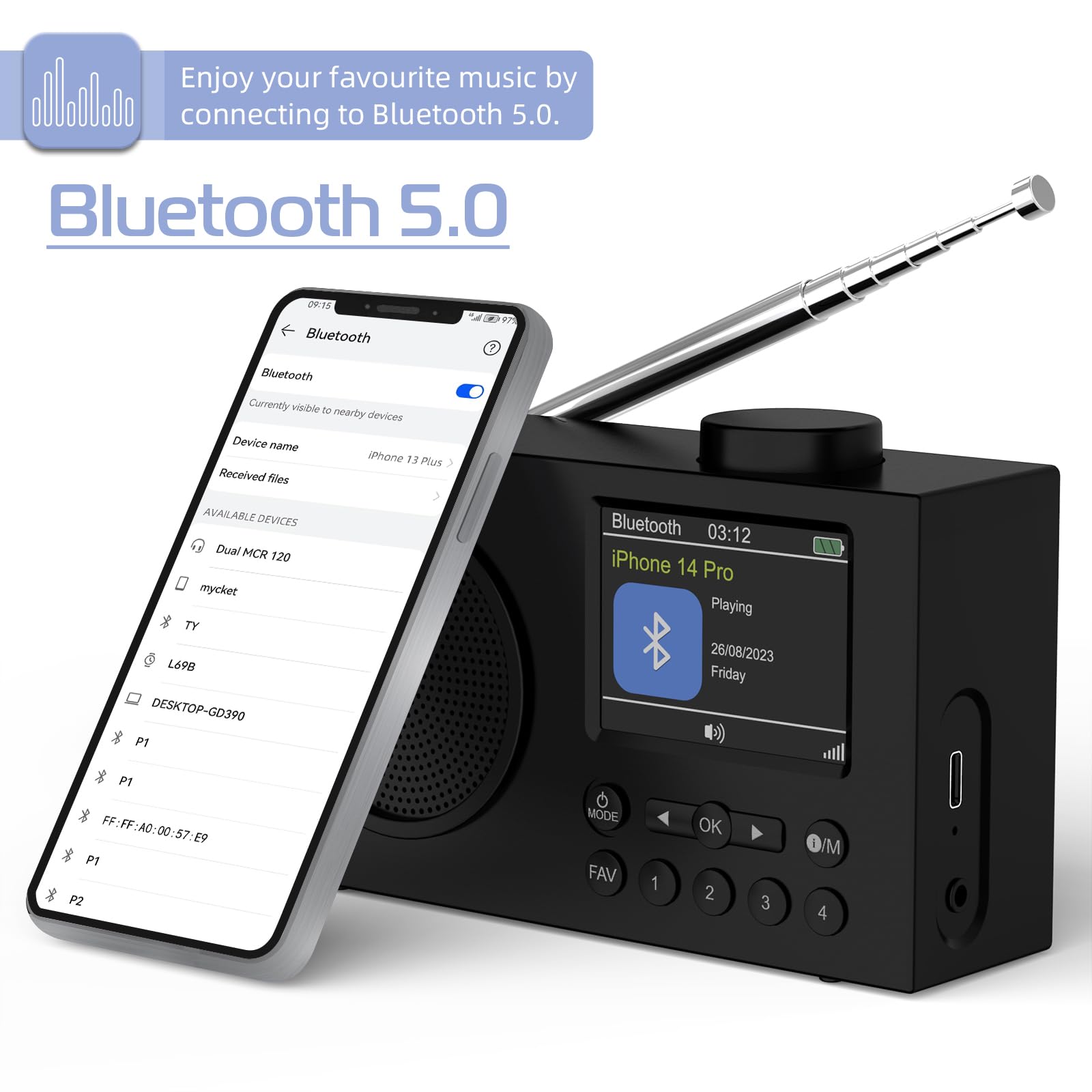 Radio DAB Portatile Mycket Con Bluetooth 5.0, FM, Batteria 2200mAh, Display Colori 2.4" E Doppia Sveglia