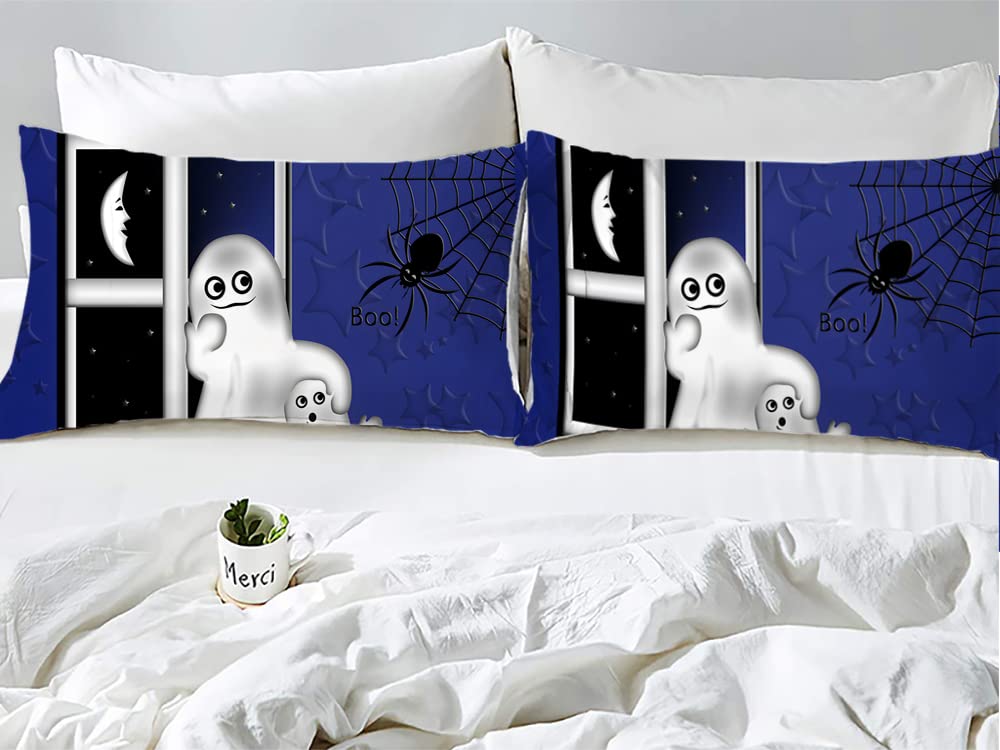 Pościel 200 x 200 cm, niebieska pościel na Halloween, 110 g/m², z mikrofibry 3D + 2 poszewki na poduszkę 80 x 80 cm, do sypialni, pościel dla dziewcząt, odporna na pot, dla chłopców i dziewczynek