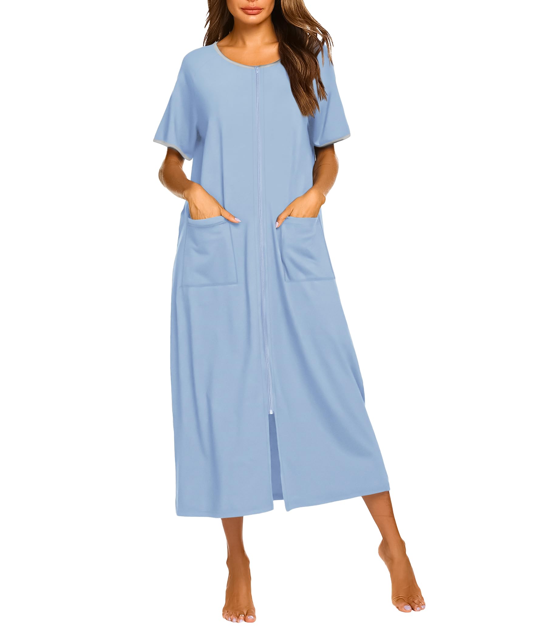 Ekouaer Women Robes Zipper Front Short Sleeve Full Length Housecoat with Pockets Loungewear S-4XL