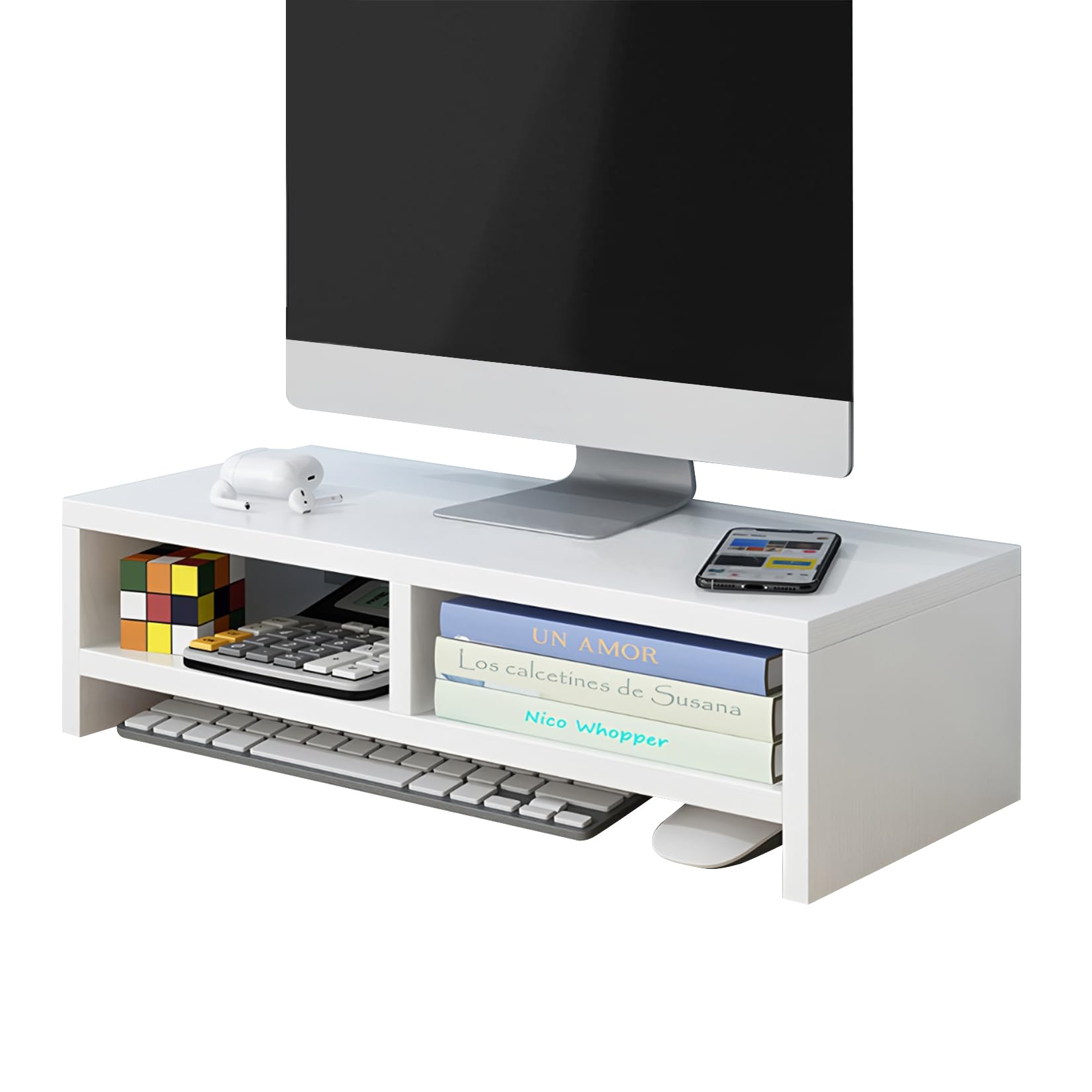 Soporte Monitor Escritorio Blanco Elevador Monitor Madera con 2 Compartimentos Soporte para Monitor de Ordenador para Escritorio Ideal para su Oficina En Casa 40 x 20 x 13 cm