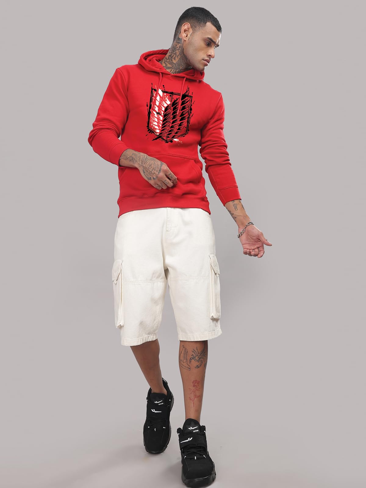 ADRO Men's Cotton Neck Hooded Sweatshirt (H22-2-WINN-RD_Red_S)