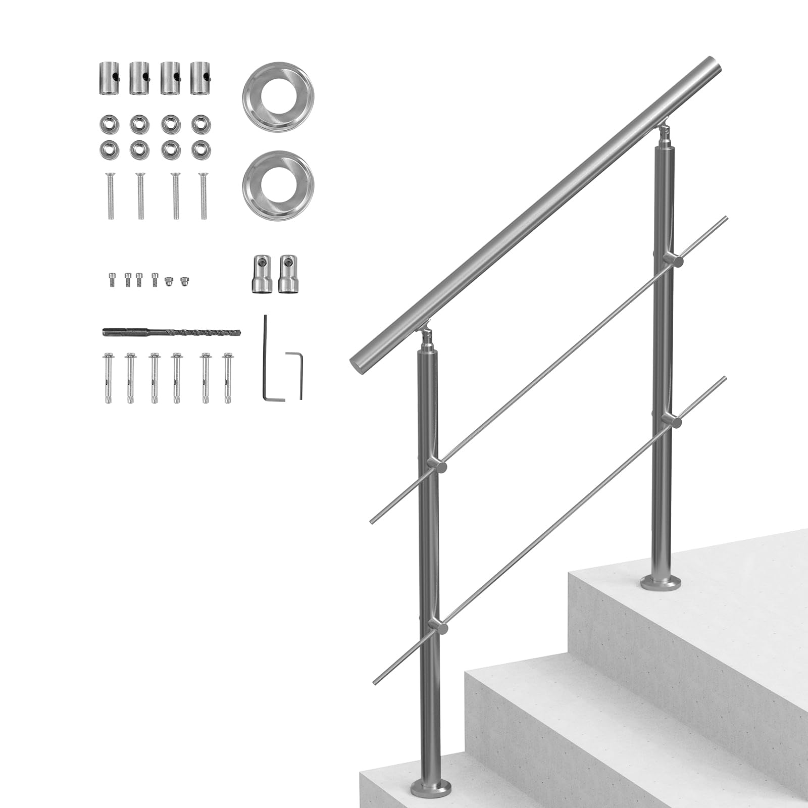 VEVOR Pasamanos de Escalera 100 cm Barandilla de Escalera para Escalones Exteriores de Acero Inoxidable 2 Travesaños con Kit de Instalación Barra de Agarre para Personas Mayores, Porche, Patio