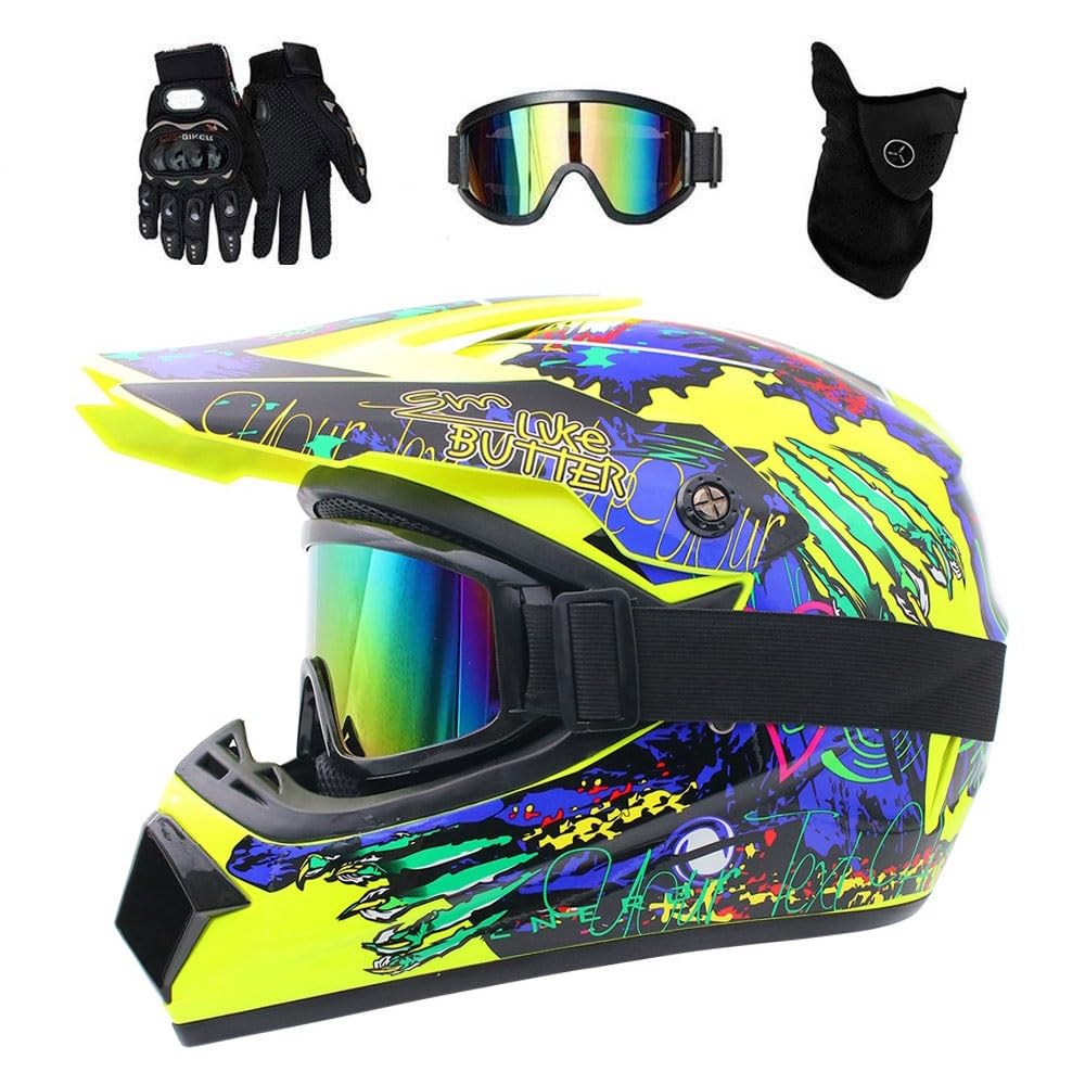 Juventud Niños MTB Casco de Motocross Colocar, con Guantes Gafas Mascarilla, Unisexo Integrales ATV Todoterreno Calle Moto Cascos, Descenso Enduro Quad Dirt Bike Chocar Casco