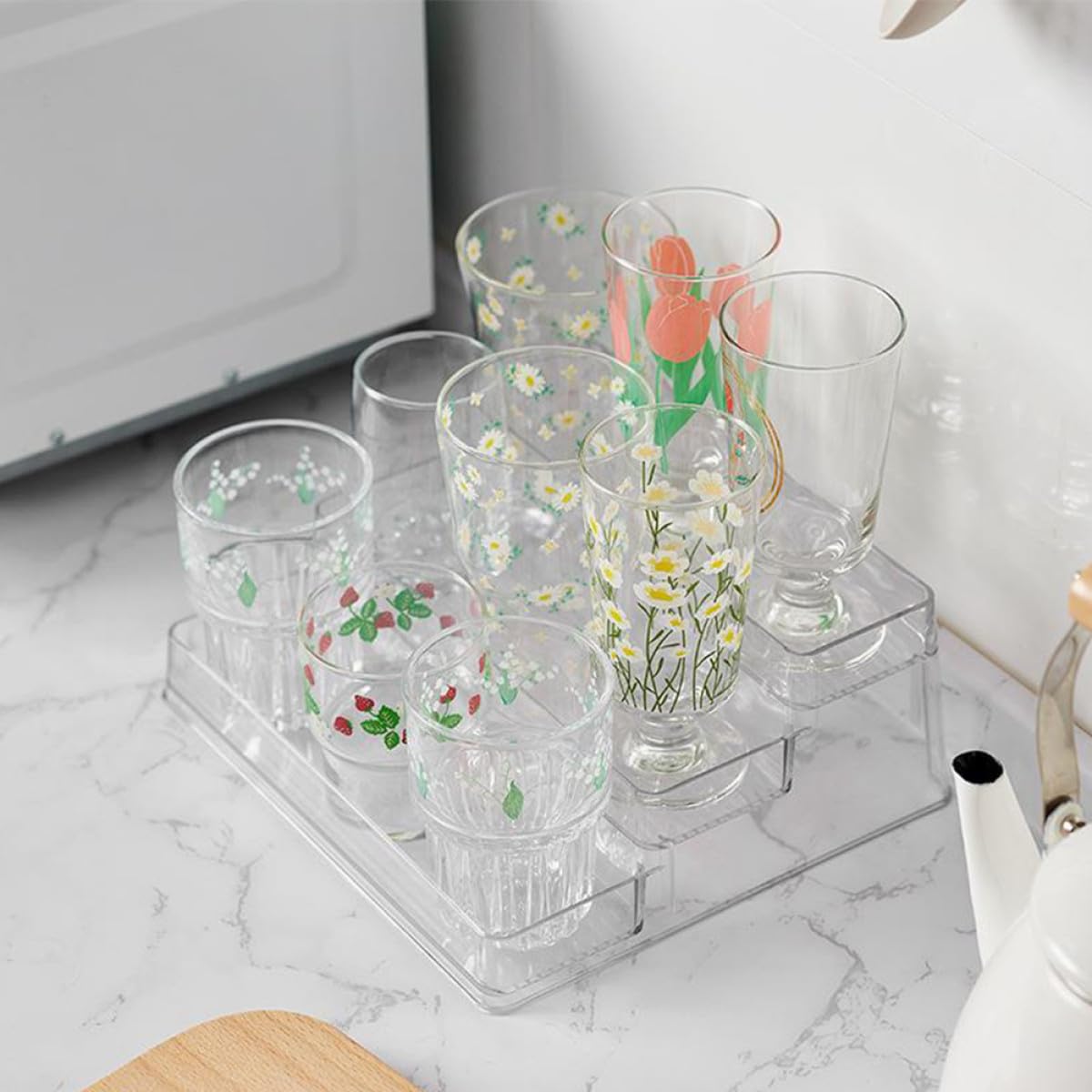 Organizer da Cucina Trasparente a 3 Livelli in Pet, Supporto Salvaspazio per Barattoli e Spezie, Scaffale per Ripiani e Armadietti Design a Gradini