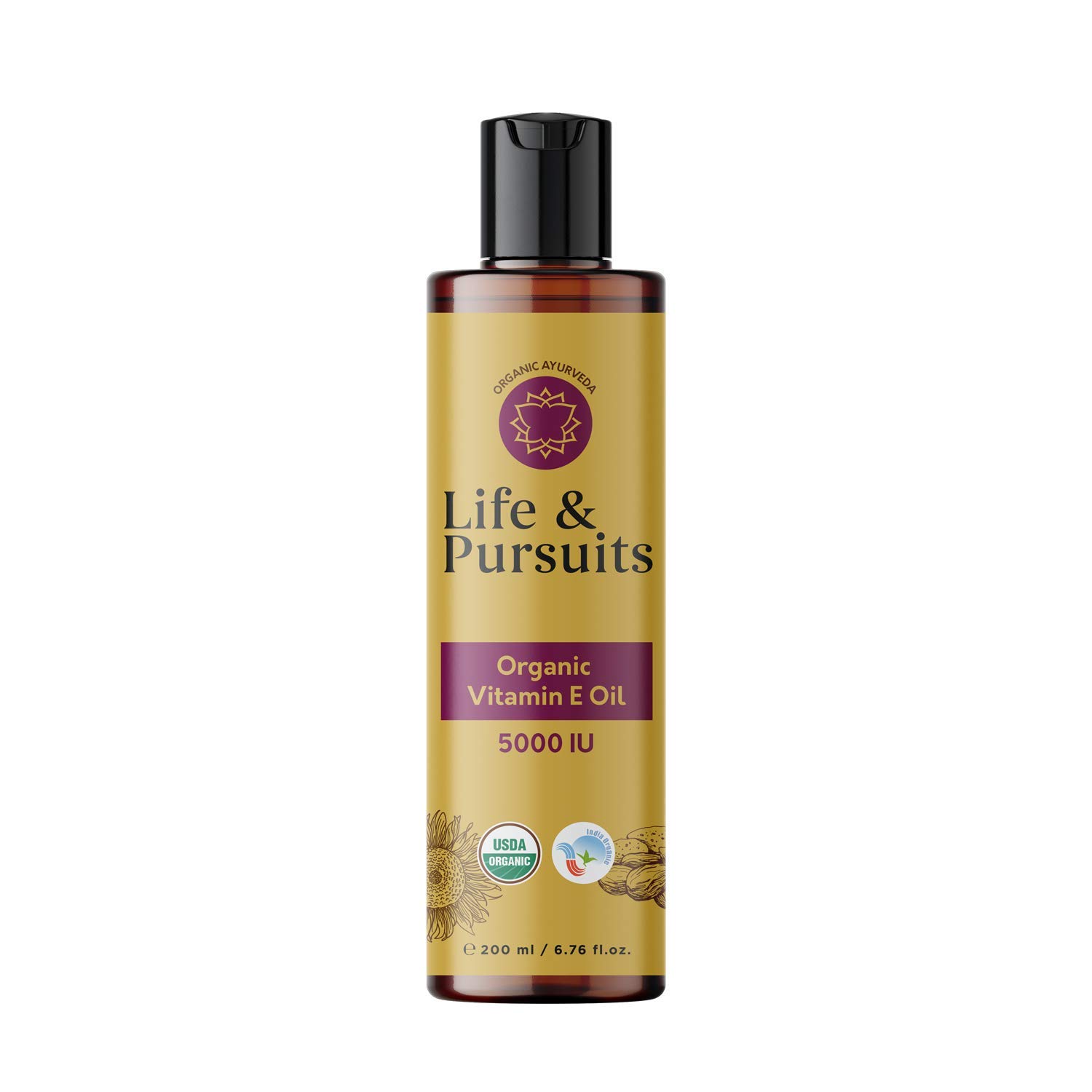 Life & Pursuits Organic 5000 IU Vitamin E Oil, 200 ml for Skin and Hair Care with Sunflower & Almond Oil - Natural, Vegan, Cruelty Free, Hexane Free, No GMO