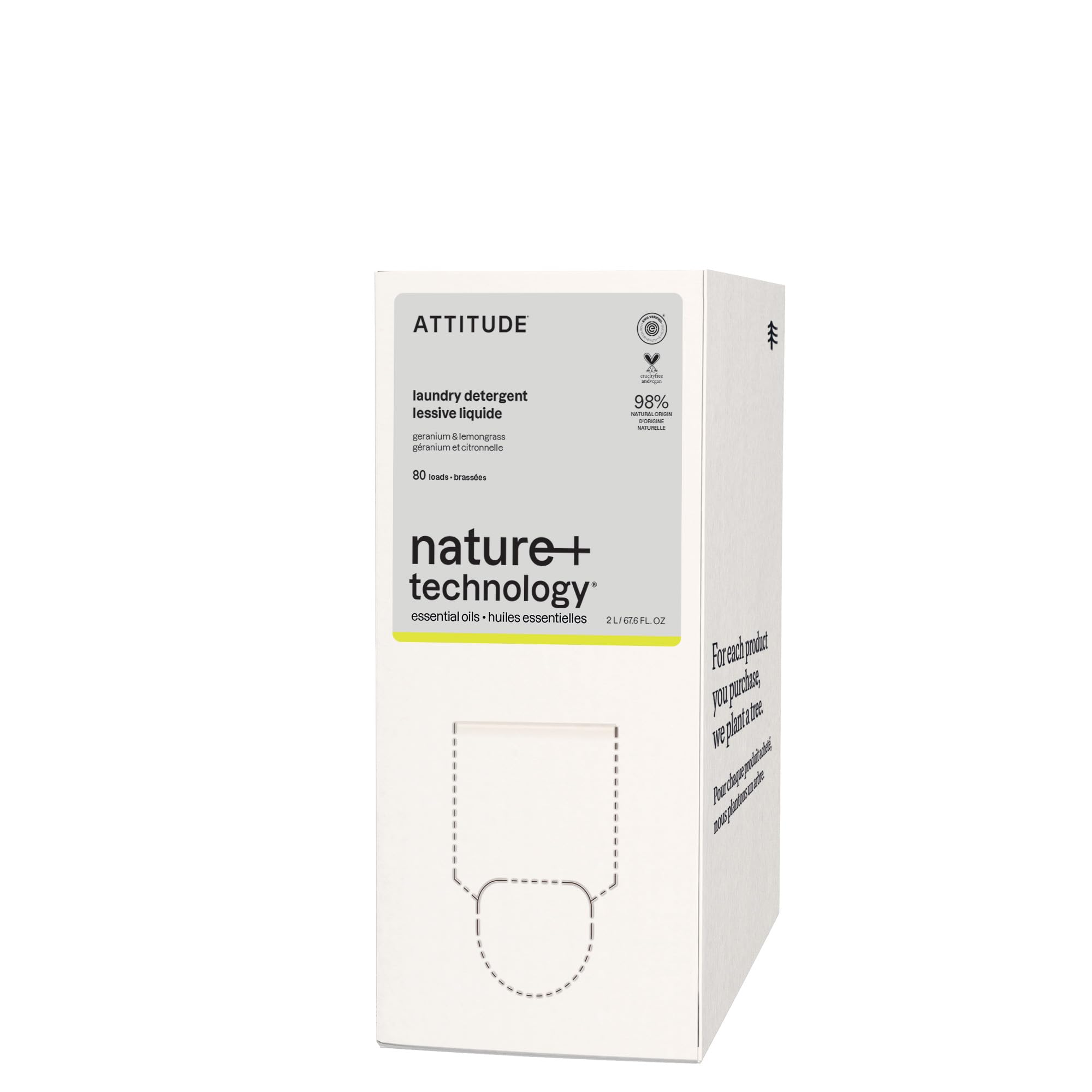 ATTITUDE Laundry Detergent with Essential Oils, EWG Verified, Vegan, Plant and Mineral-Based Ingredients, HE, Bulk Refill, 80 Loads, Geranium and Lemongrass, 67.6 Fl Oz