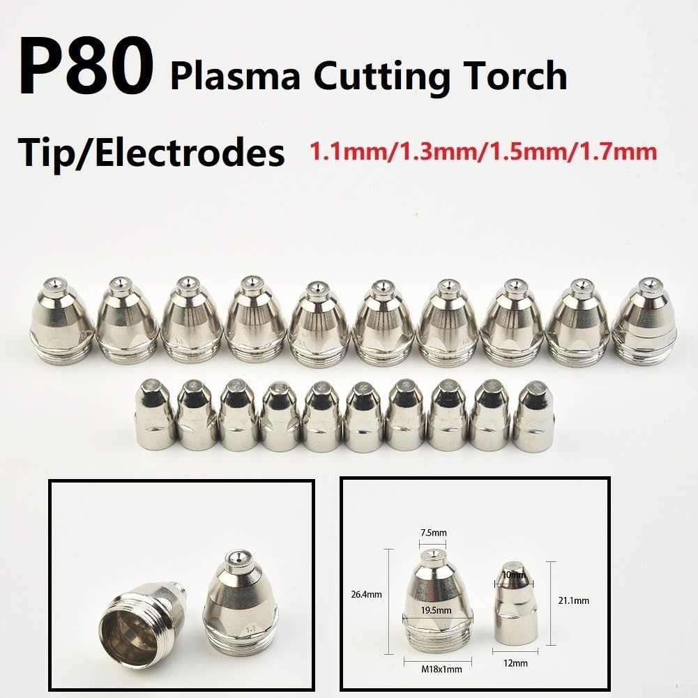 Plasmabrenner Schneidverbrauchsmaterial, P80 Plasmaschneidbrenner, 60 A/80 A/100 A, CNC-Plasma-Elektrode + Düse für CUT-70, CUT-80, CUT-100, CUT-120 (1,5 mm), 20 Stück
