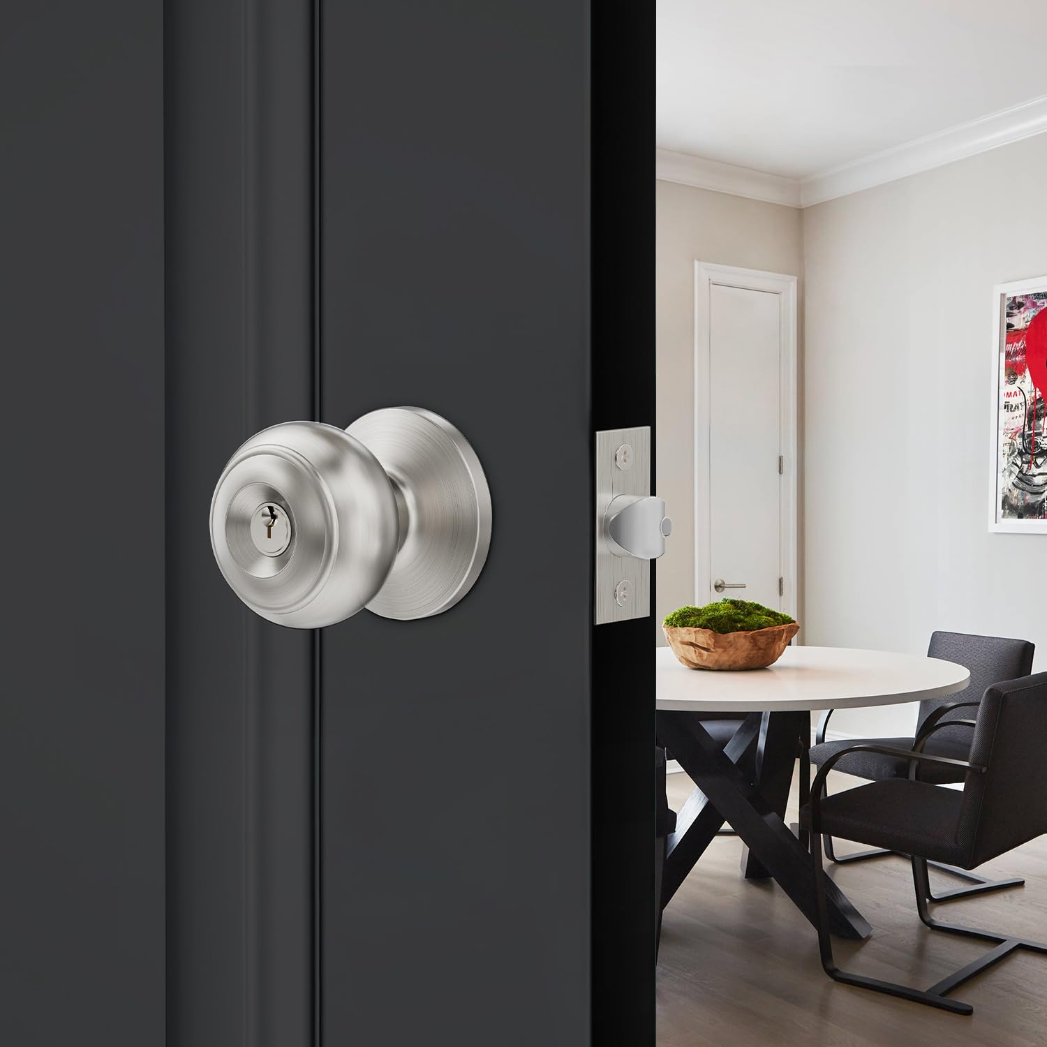 Juego de 4 pomos de puerta de entrada con llave, todos con la misma llave para puertas exteriores e interiores, de acero inoxidable, manijas de níquel satinado para puerta delantera/entrada