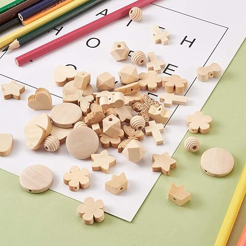 Miniatura 2 de Beadthoven - 100 cuentas espaciadoras de madera natural sin terminar de 10 formas, cuentas sueltas de madera surtidas para hacer joyas, pulseras y