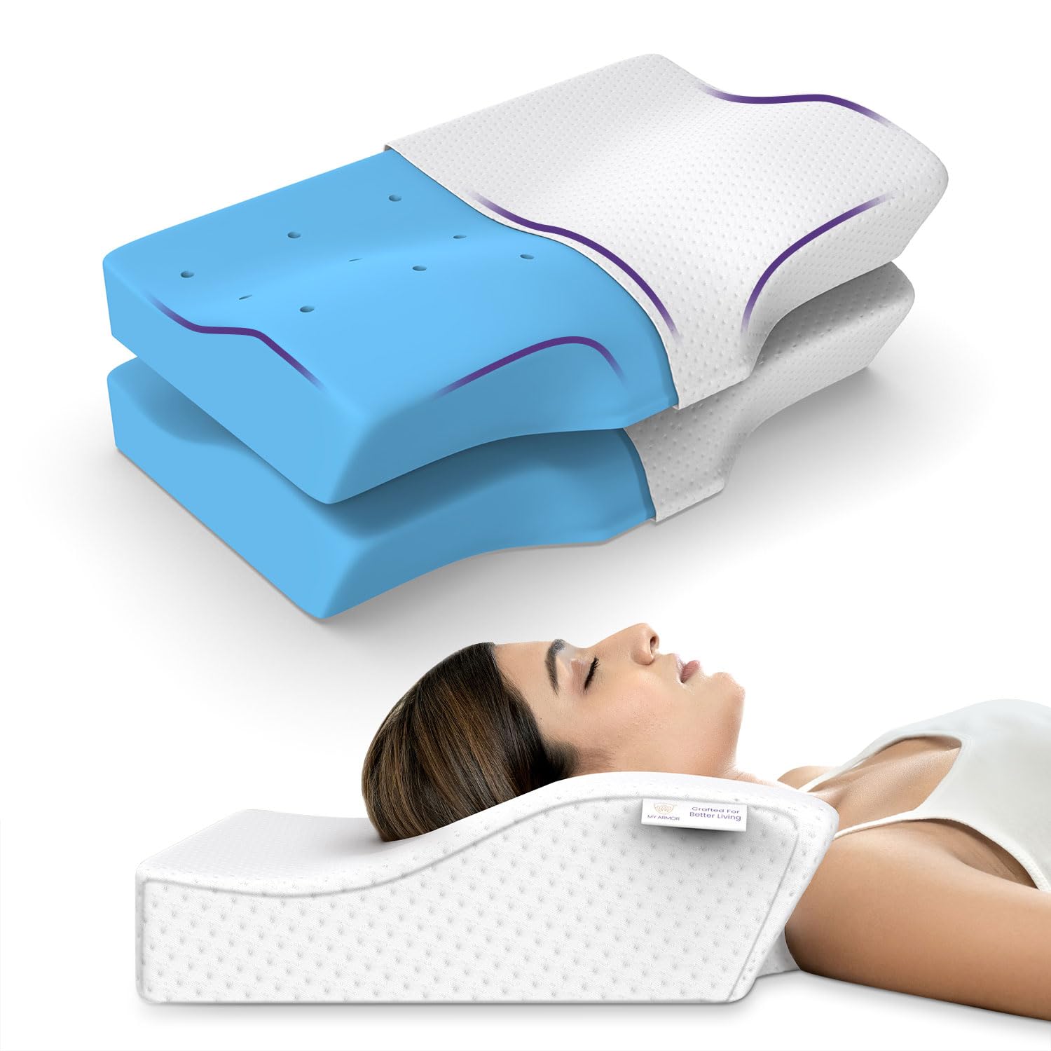MY ARMOR Cool Gel Memory Foam Pillow, Orthopedic Pillow for Neck & Cervical Pain, Contour Memory Foam Pillow with Extra Curve Neck Support, Orthopedic Support with Dual Height - Pack of 2