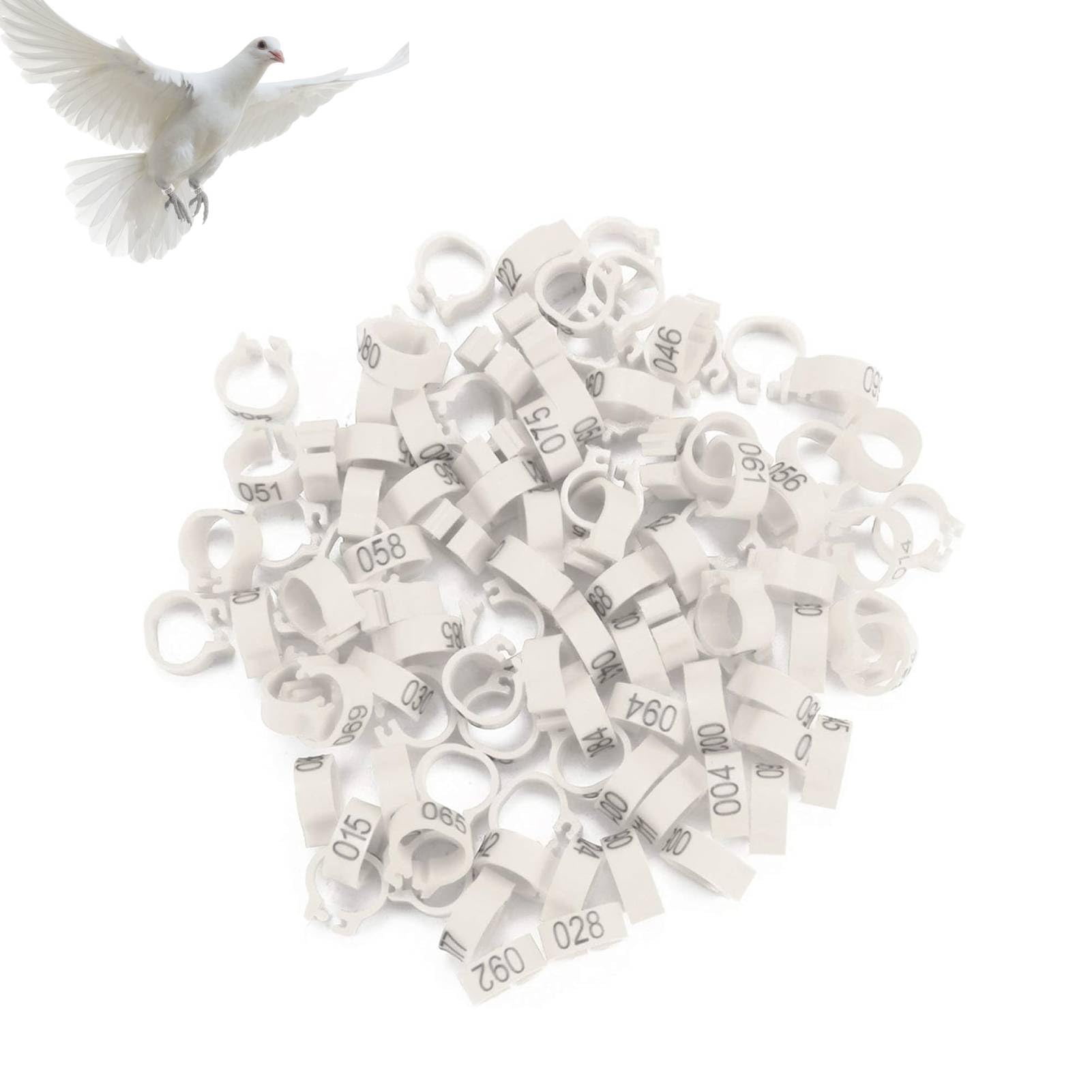 Cyrank 100 Pz/Borsa Anelli di Piccione, 8mm Anelli per Zampe di Uccello in Plastica 001-100 Anelli di Fasce per Gambe di Uccello di Piccione di Lettera di Plastica Numerata(Bianco)