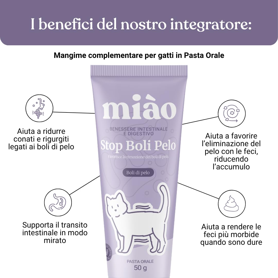 Miào Stop Boli di Pelo Gatto Pasta – Supporto Intestinale per Eliminare Boli di Pelo, Riduce Rigurgiti con Fibre e Psillio, Pasta al Malto per Gatti Bolo di Pelo