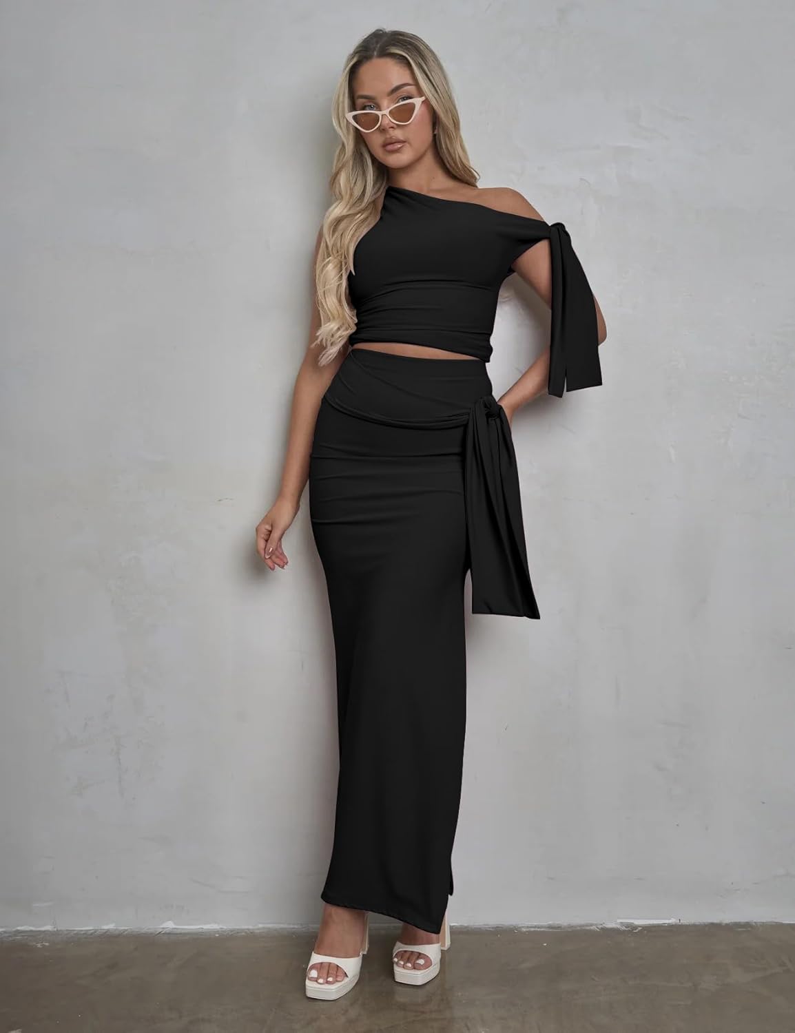Two Piece Skirt Set for Women - Sexy 2 Pc Outfits Sleeveless One Shoulder Crop Top Maxi Long Bodycon Skirts Sets - Image 4