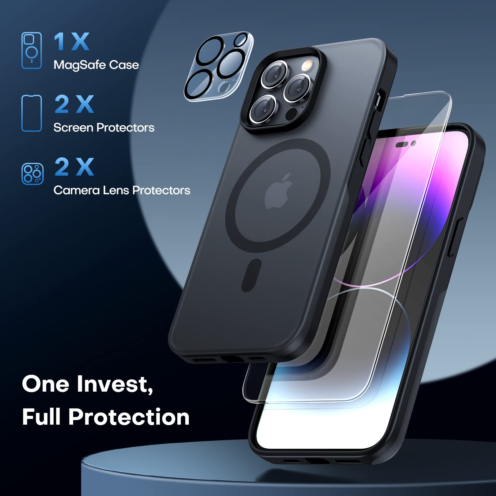 TAURI 5 in 1Kit Magnetica Cover per iPhone 14 Pro [Compatibile con MagSafe] Ultra Sottile Antiurto e Anti Ingiallimento, con 2 Pellicola Vetro Temperato + 2 Pellicola Fotocamera - Trasparente