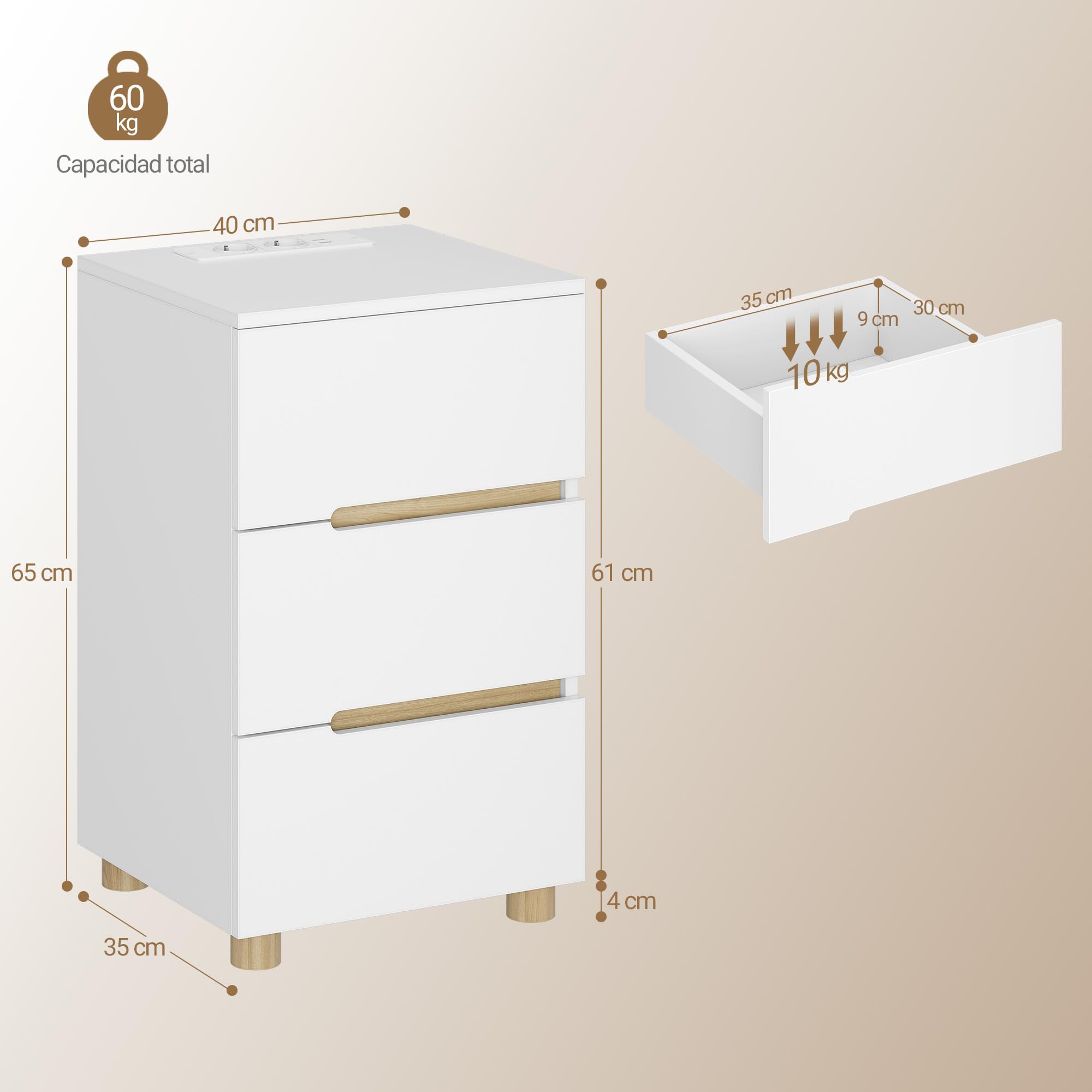 Hzuaneri Juego de 2 Mesilla de Noche, con 3 Cajones, Estación de Carga (2 Tomas AC, 2 Puertos USB), Estilo Minimalista Moderno, para Dormitorio, Salón, 35 x 40 x 65 cm, Blanco NS33403XEU