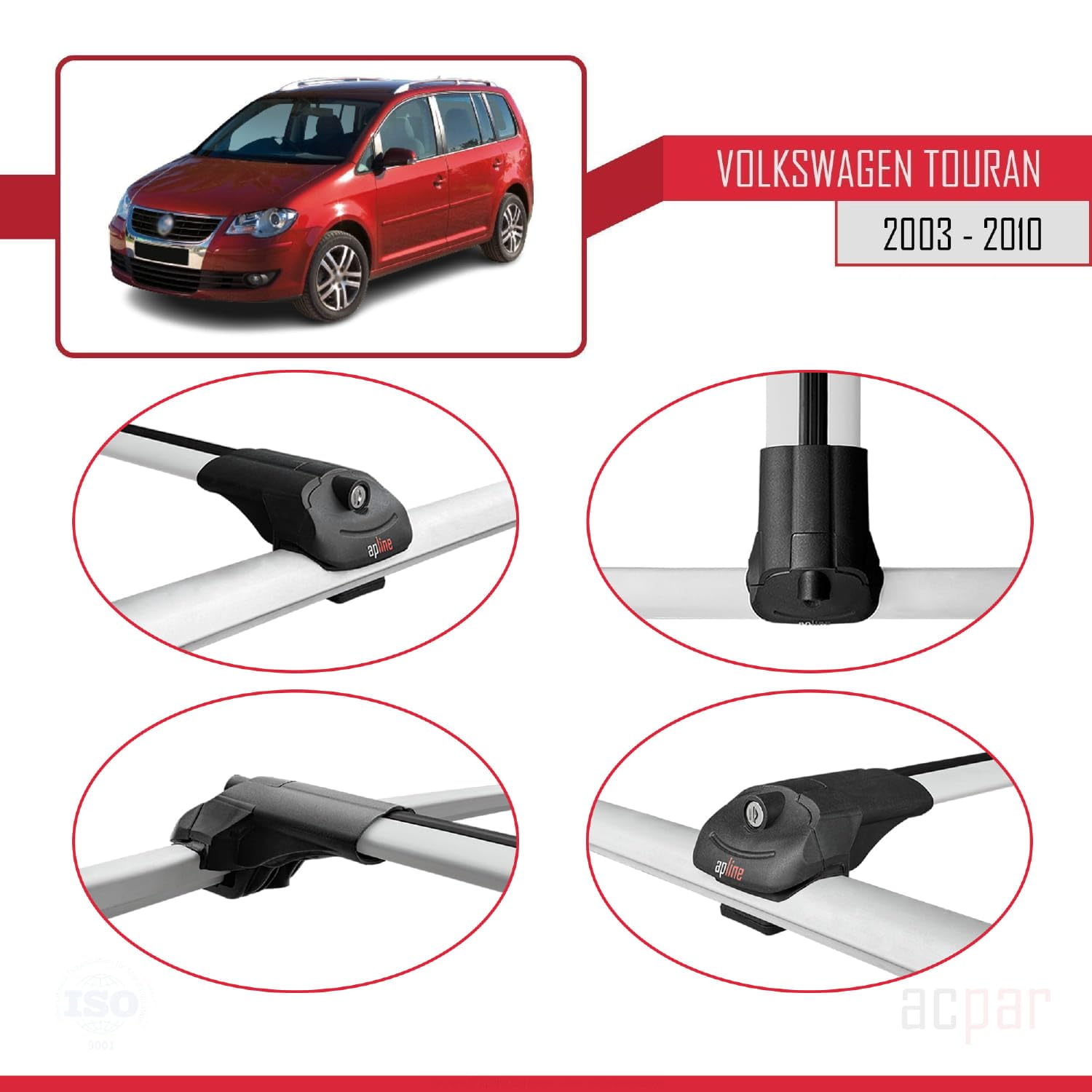 Kompatibel mit Volkswagen Touran (1T) Pre-Facelift 2003-2010 ACE-1 Modell Relingträger Dachträger Auto Gepäckträger Grau Aluminium 2 Stangen