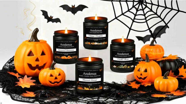 Image of Fall Candle | Caramel Cinnamon Scented Candle - Autumn Seasonal Candles for Fall - 7oz Soy Candles for Home Scented, Thanksgiving Halloween Holiday Gift for Home - 50 Hours Long Burning -Black Jar