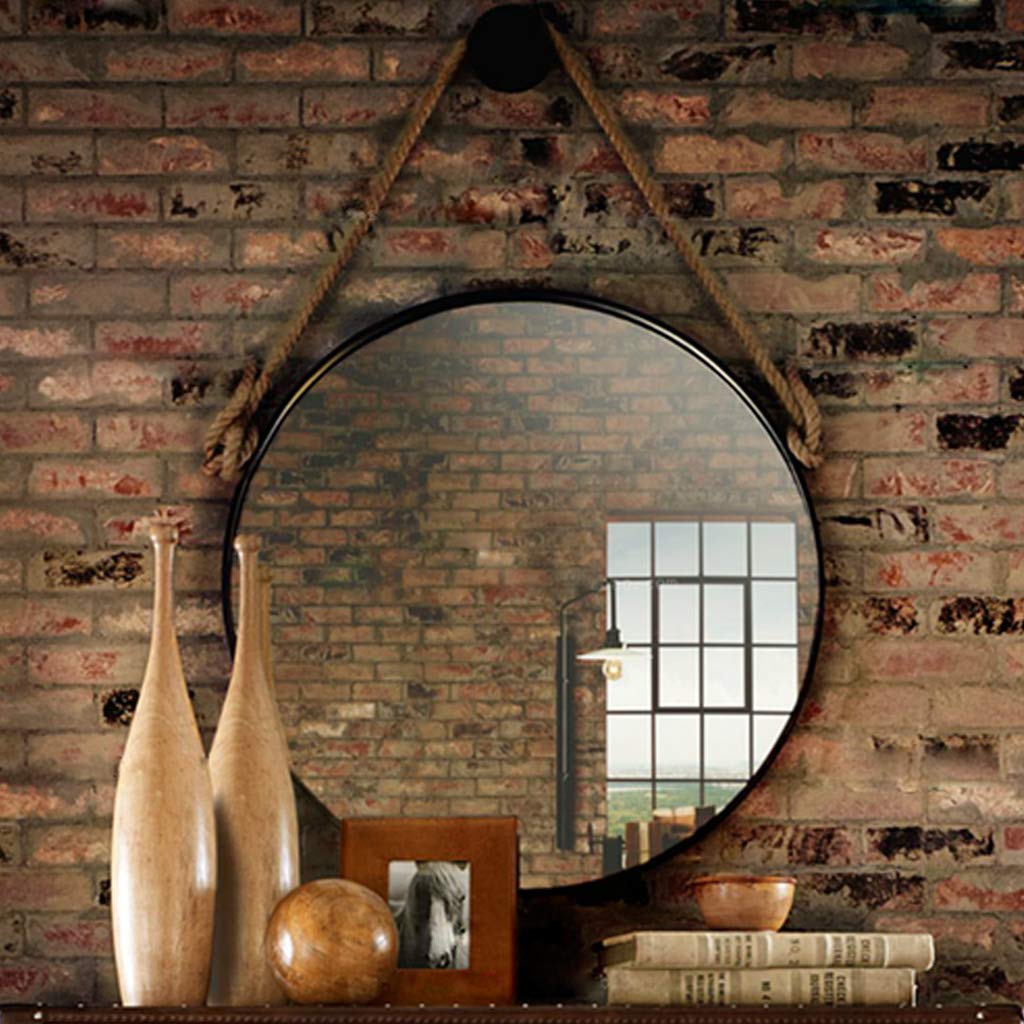 Miroir mural rond en métal noir style industriel avec crochet de suspension vintage