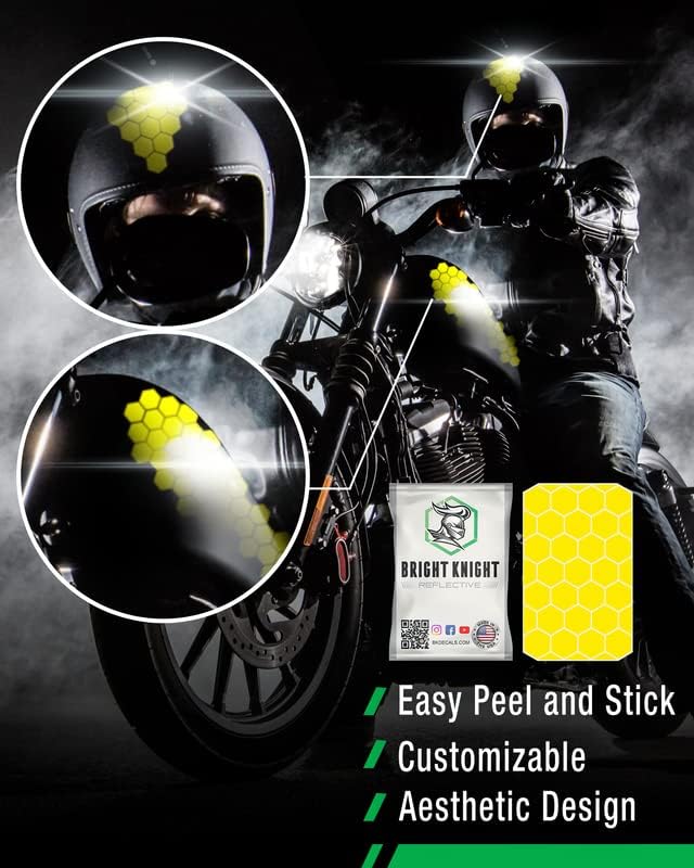 Vista 5 de Bright Knight - Adhesivos reflectantes hexagonales con cinta reflectante para casco. Calcomanías amarillas para casco de motocicleta de 1 pulgada