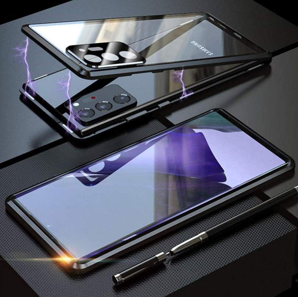 GT for Galaxy Note 20 Ultra Clear Case with Lens Protection Cover, Magnetic Metal Frame Single-Sided Tempered Glass Protective Cover for Samsung Galaxy Note 20 Ultra 5G 6.9 inch (Black)