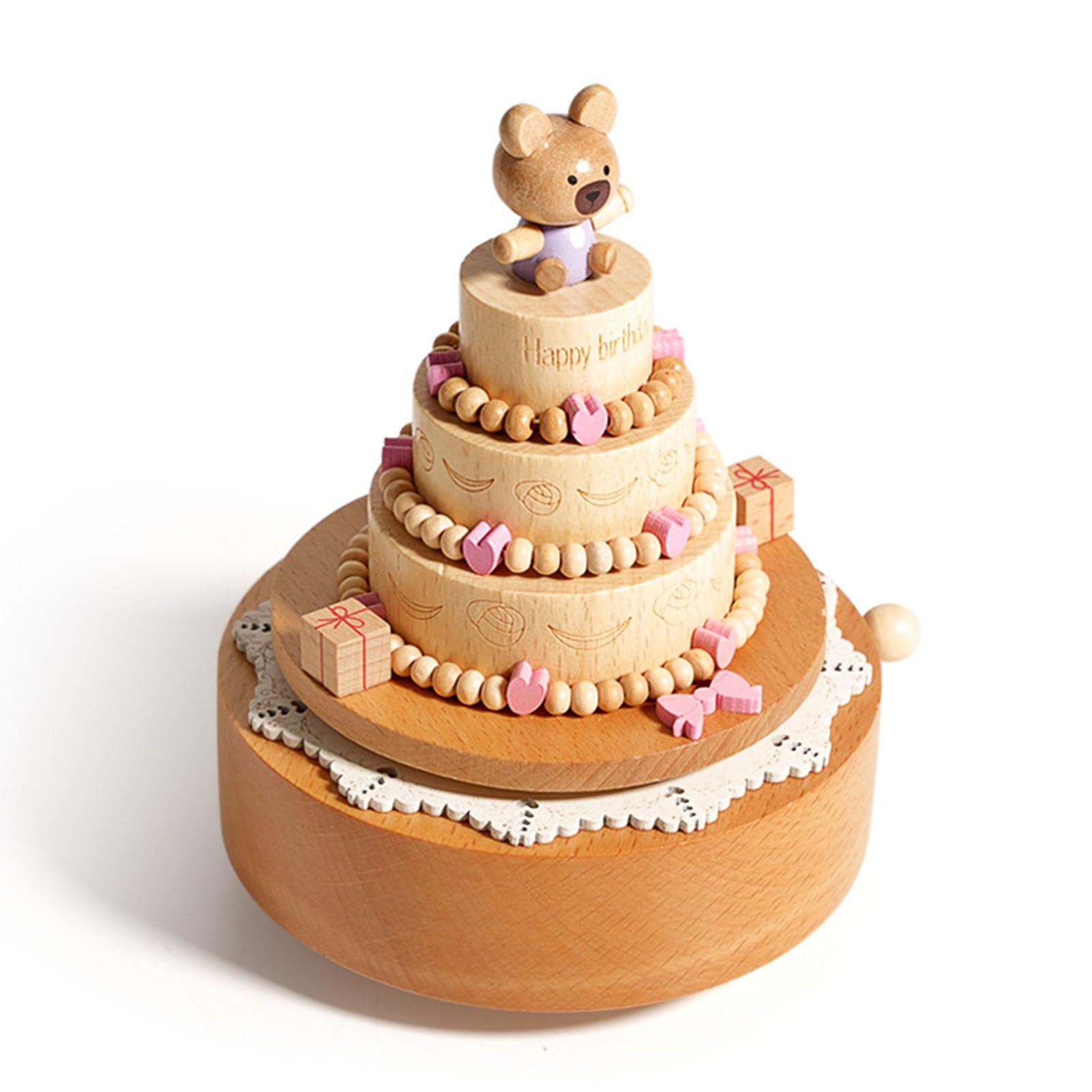 Scatola Musicale a Forma di Torta di Compleanno in Legno, Scatola Musicale con Orso Rotante