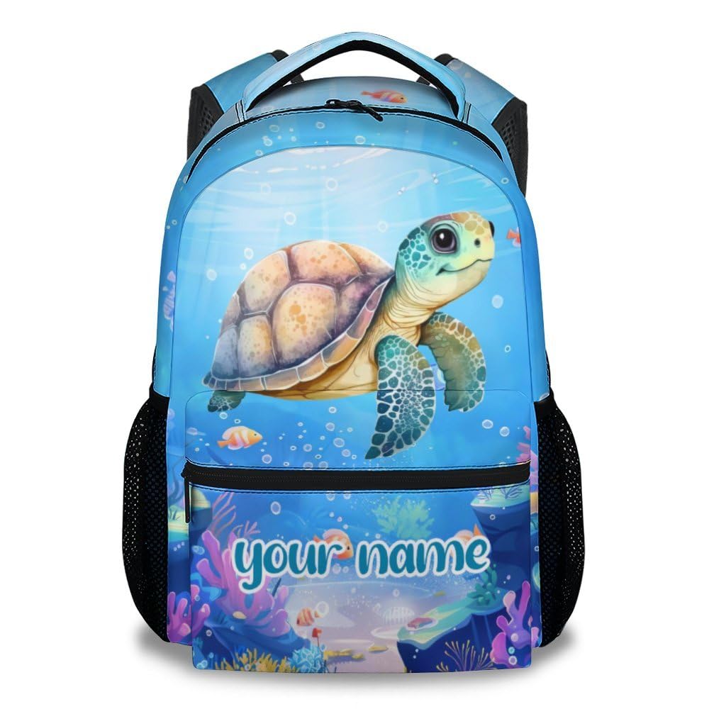 MEETUHONEY Custom School Backpack for Girls, 17 Inch Cute Sea Turtle Backpacks for Kids, Blue Lightweight Large Capacity Bookbag for Travel