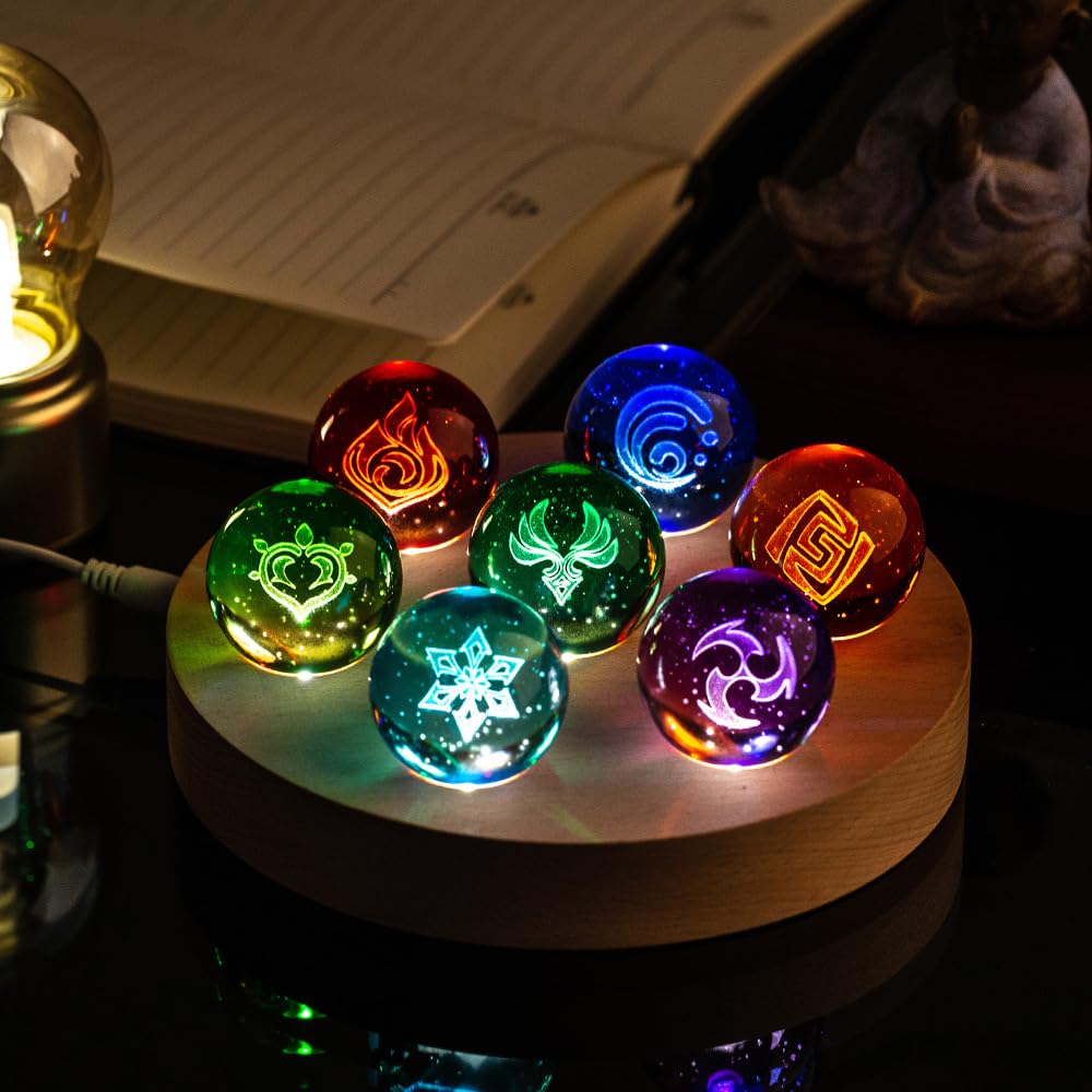 7 Stück Anime Genshin Impact Balls,3D Auge Gottes Kristallkugel LED Nachtlicht,USB 40mm GlasKugel,mit Holzsockel,Hydro/Dendro/Electro/Geo/Pyro/Anemo/Cryo Set Spielele Merch Geschenk (Stil 2)
